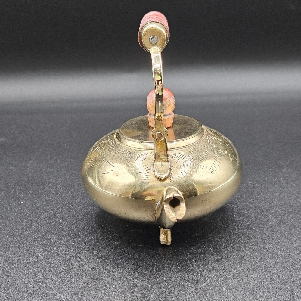 Vintage Etched Brass Miniature Teapot Tripod Feet Wood Handle Decorative 4.5in